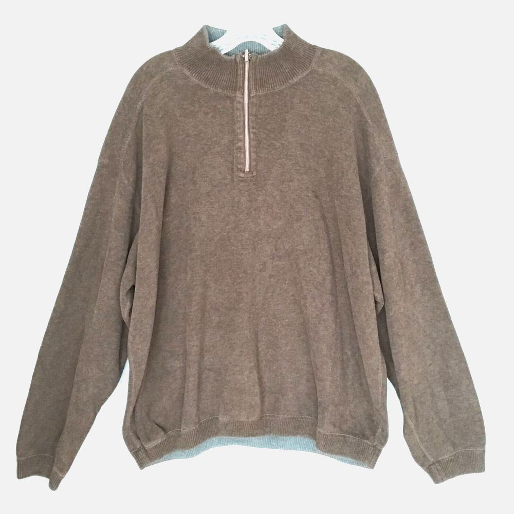 Tommy Bahama 1/4 Zip‎ Knitted SWEATER Brown Pullover Mock Neck Mens XXL 2XL